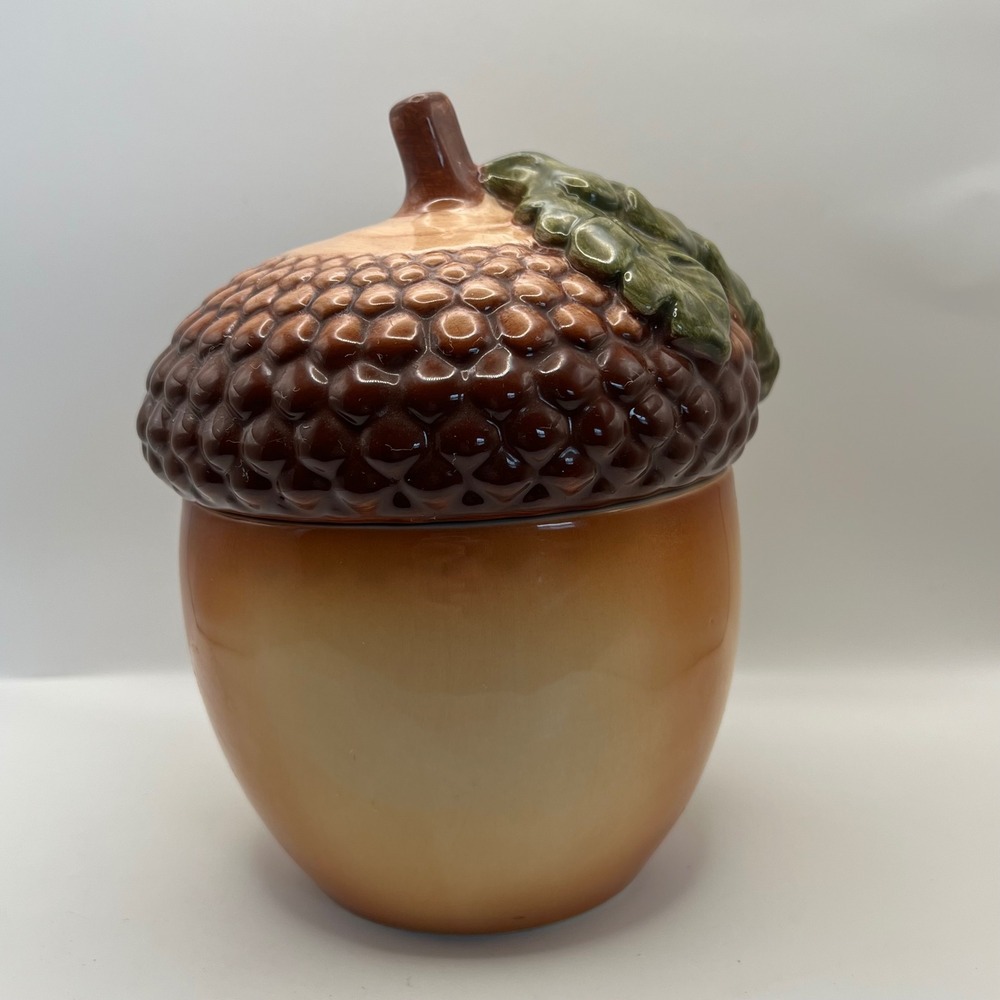 Teleflora Ceramic Acorn Cookie Jar Canister With Lid VTG 80s cabincore woodland